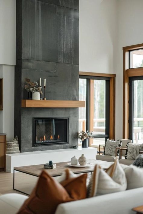 Elevate Your Space with Two Story Fireplace Ideas Wall To Ceiling Fireplace, Two Story Double Sided Fireplace, 20ft Fireplace Wall, Centered Fireplace Living Room, Modern Tall Fireplace, Fireplace Not Centered, Fireplace Between Two Doors, Tall Fireplace Mantle, Dark Fireplace Ideas