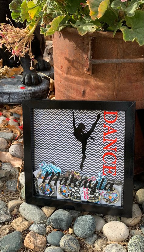 Dance Diy Gifts, Handmade Dance Gifts, Dance Pins Display Ideas, Dance Pin Shadow Box Ideas, Senior Night Gift Ideas Dance Team, Diy Dance Team Gifts, Dance Shadow Box Ideas, Gifts For Dance Students, Senior Dancer Gift Ideas