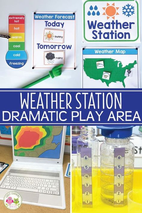 Dramatic play can be a great way to introduce your students to a new topic. Find out how to make your own weather stations in class, including forecasting, broadcasts, and research centers. #weatheractivities #weatherintheclassroom #weatherlessons #weatherstations #dramaticplay #weather Weather Dramatic Play Center, Weather Reporter Dramatic Play, Classroom Weather Station, April Dramatic Play Preschool, Water Study Creative Curriculum Dramatic Play, Prek Play Centers, Preschool Fire Station Dramatic Play, Fall Dramatic Play Area Preschool, Weather Theme Dramatic Play