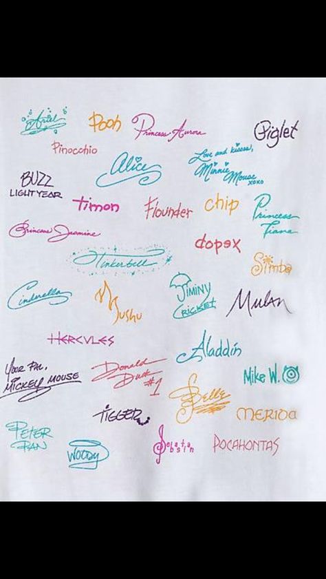 Disney Handwriting, Disney Character Autographs, Disney Autograph, Disney Signature Ideas, Disney Symbols, Disney Mural, Disney Signatures, Disney Characters Signatures, Character Symbols