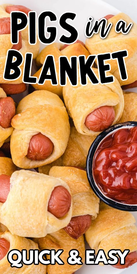 A fun and classic party food, Pigs in a Blanket are made with flaky crescent rolls and cocktail wieners. A yummy treat for both kids and adults. Sausage In A Blanket, Hot Dog Appetizers, Hot Dog Crescent Rolls, Pigs In A Blanket Recipe, Cocktail Wieners, Cocktail Sausages, Easy To Make Snacks, Bite Size Appetizers, Canned Biscuits