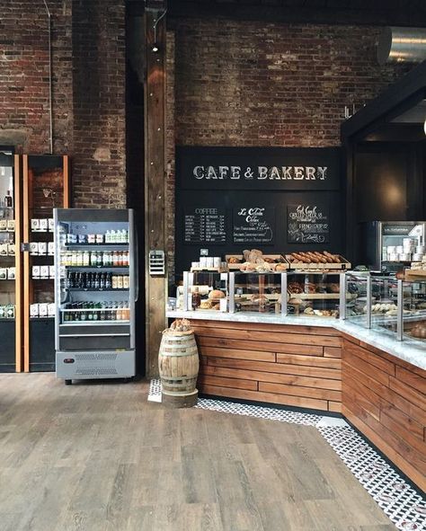 We need to add a glass case, I was thinking having it on the bottom and have a high counter on top it Pastry Shop Interior, Kaffe Station, Café Design, Bakery Interior, Coffee Shops Interior, Bakery Design, Coffee Shop Design, Cafe Style, Brick Walls