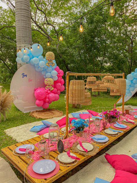 Gender Reveal Picnic Party Ideas, Picnic Gender Reveal Party, Gender Reveal Picnic Ideas, Picnic Gender Reveal, Gender Reveal Picnic, Pool Birthday, Garden Party Birthday, Pool Birthday Party, Baby Gender Reveal