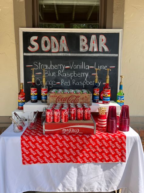 Soda Bar for any party .  Bring your guest taste buds to life with their drinks Soda Display For Party, Coke Party Ideas, Soda Theme Party, How To Display Soda Cans At A Party, Drink Bar Grad Party, At Home Soda Bar, Italian Soda Bar Wedding Receptions, Soda Drink Bar, Soda Bar Graduation Party