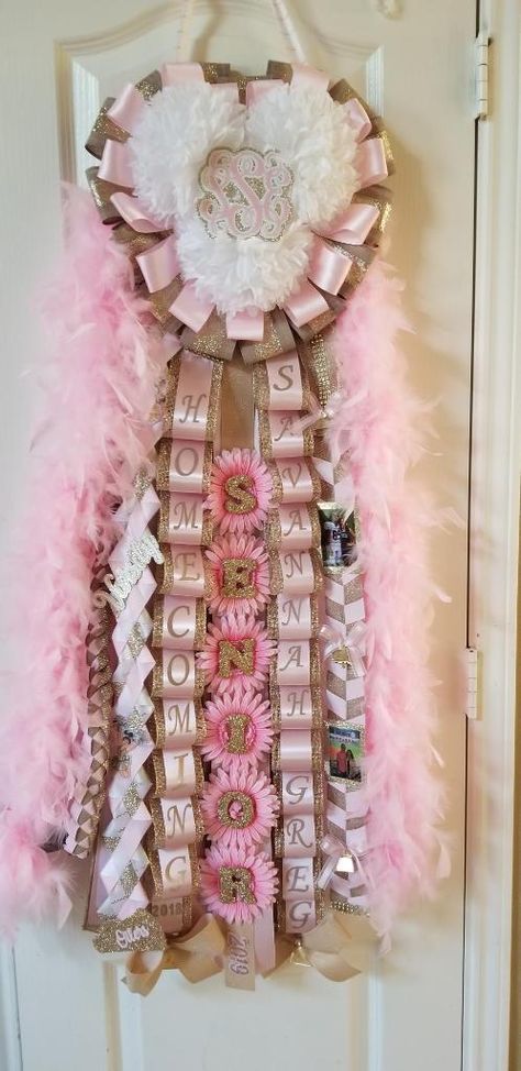 Purple And Silver Homecoming Mum, 2023 Mum Ideas, Pink White And Gold Homecoming Mum, Senior Mums Homecoming White And Rose Gold, Aesthetic Homecoming Mums, Pink Mums Homecoming Small, Pink And White Mums Homecoming, Senior Hoco Mums Pink, Pink And White Senior Mum