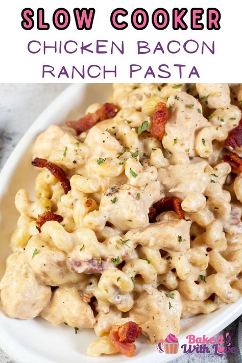 Crockpot Chicken Bacon Ranch Pasta Crock Pot Chicken Bacon Ranch Pasta, Crock Pot Chicken Bacon Ranch, Chicken Bacon Ranch Crockpot, Pasta With Cream Cheese, Creamy Chicken And Noodles, Easy Veggie Side Dish, Bacon Ranch Pasta, Chicken Bacon Pasta, Chicken Ranch Pasta