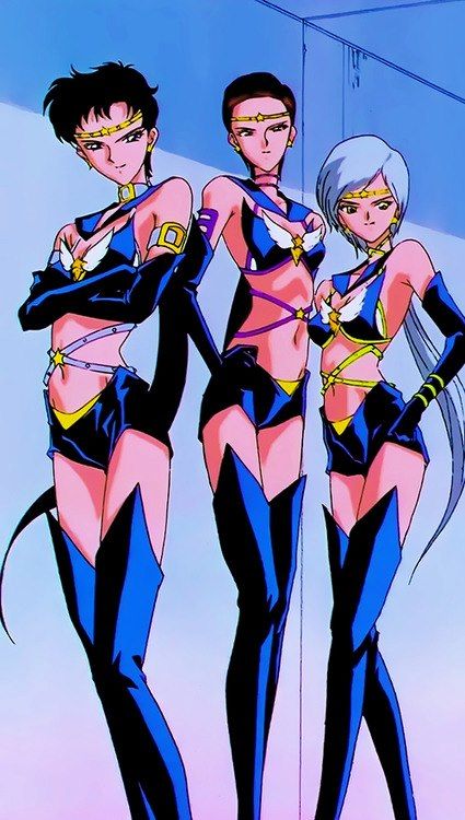 The Sailor Starlights (Healer, Fighter and Maker). I always got confused as a child when they transformed. It was some sort of "gender-bending"... Star Fighter, Moon Kingdom, Arte Sailor Moon, Sailor Scout, Sailor Moon Stars, Minako Aino, Sailor Senshi, Sailor Moon Aesthetic, Sailor Moon Manga