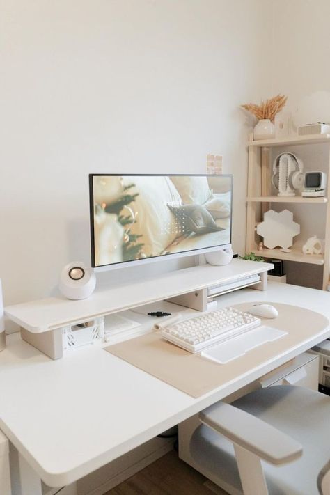 Cozy Gaming Setup, Off White Kitchen, Aesthetic Workspace, Off White Kitchen Cabinets, Space Dresses, Home Office Aesthetic, Calm Aesthetic, Elegant Home Office, Cozy Gaming