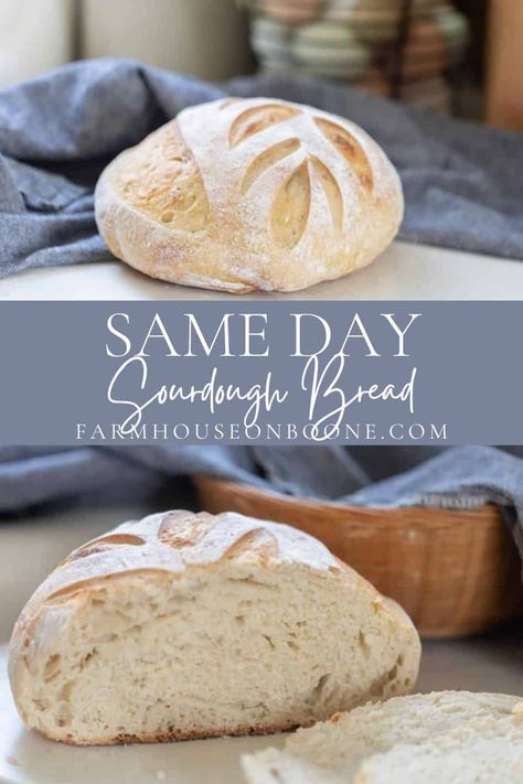 Learn how to make this delicious same day sourdough bread recipe. From feeding the starter to baking fresh bread, all done in one day. With a delightful chewy interior and crusty exterior you've come to expect in a sourdough boule.#farmhouseonboone #samedaysourdoughbread #sourdoughbread Same Day Sourdough Bread, Sourdough Boule Recipe, Same Day Sourdough, Homemade Sourdough Bread Recipes, Easy Sourdough Bread Recipe, Recipe Using Sourdough Starter, Sourdough Bread Starter, Sourdough Starter Discard Recipe, Sourdough Sandwich