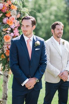 Navy suit and peach tie :) Romantic Wedding Setting, Rustic Mountain Wedding, Peach Tie, Wedding Tux, Coral Tie, Groomsmen Ties, Wedding Groomsmen, Coral Wedding, Groomsmen Suits