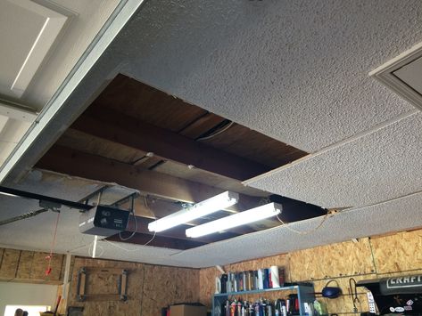 Garage Ceiling Ideas Cheap, Garage Ceiling Insulation, Garage Ceiling Ideas, Garage Drywall, Drop Down Ceiling, Garage Door Track, Plywood Ceiling, Ceiling Remodel, Drywall Lift