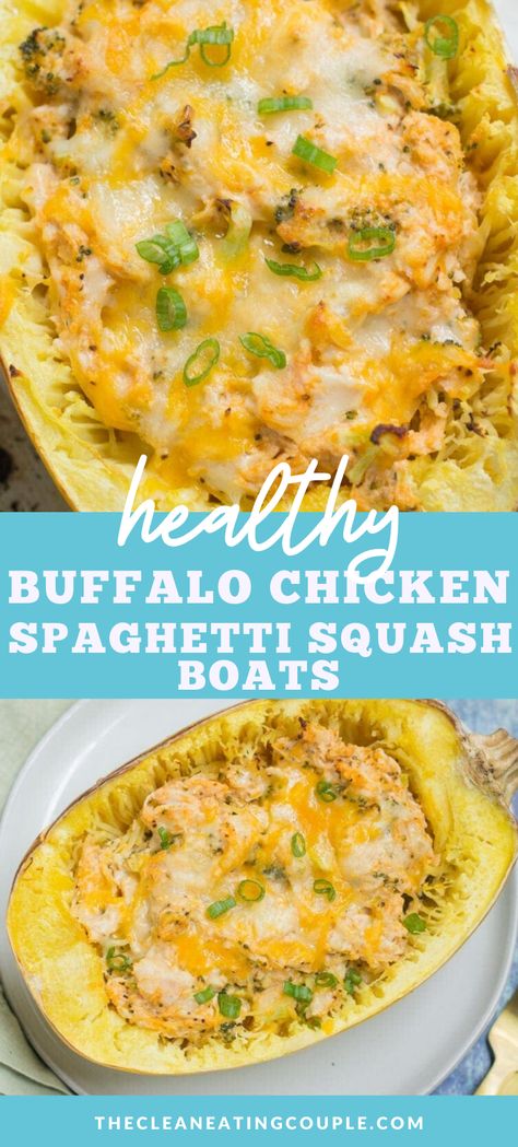 Spaghetti Squash Recipes Chicken, Buffalo Chicken Spaghetti, Dinner Low Carb, Buffalo Chicken Spaghetti Squash, Spaghetti Squash Boats, Healthy Squash Recipes, Spaghetti Squash Recipes Healthy, Spaghetti Squash Boat, Squash Boats