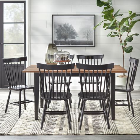 The Simple Living Nashville Farmhouse Dining Set creates the mood for good food and conversation. Set includes a beautiful, farmhouse-style table with six coordinating Windsor chairs in your choice of two finishes. Farmhouse Dining Table Set, Farmhouse Dining Set, Black Chairs, Modern Farmhouse Dining, Farmhouse Style Table, Farmhouse Kitchen Tables, Black Dining Chairs, 7 Piece Dining Set, Room Remodel