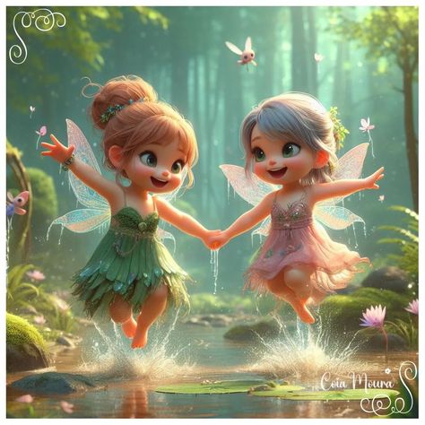 Day 15 30 days with the fairies - Hosted By @ipromptyoudraw #dailyfairy #15 #asthetic #naturemagic #fae #magicinature #dewdrops #naturelovers  #followthejourney #lovejourney #infinitelove #midjourney #midjourneyart #aiartcommunity #adorable #collab #fairies #fantasy #happy #coiamoura #fairy Fairy Sisters, Wings Club, Two Fairies, Dancing Fairy, Fairy Cartoon, Fun Pictures, Fairy Pictures, Butterfly Fairy, Stories Ideas