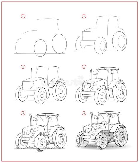 Tractor Drawing Easy Step By Step, Tractor Sketch Drawing, How To Draw A Tractor Easy, Country Drawings Easy Step By Step, Cute Tractor Illustration, How To Draw A Tractor Step By Step, Easy Tractor Drawing, Simple Tractor Drawing, How To Draw Vehicles