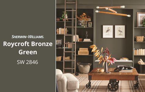 Roycroft Bronze Green, Urbane Bronze Sherwin Williams, Bronze Bedroom, Urbane Bronze, Historic Colours, Attic Bedroom Designs, Bronze Green, Green Paint Colors, Sherwin Williams Paint Colors