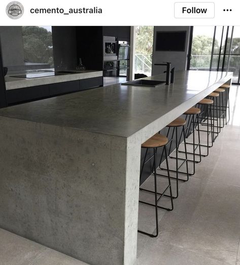 Floating Concrete Countertop, Kitchen Counter Concrete, Modern Kitchen Concrete Countertops, Cement Island Countertop, Cement And Wood Kitchen, Polished Concrete Kitchen Countertops, Micro Cement Kitchen Island, Concrete Countertops Island, Concrete Bar Design