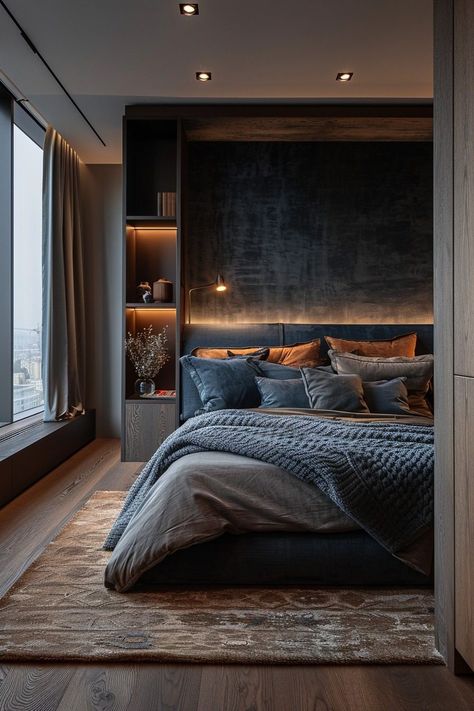 Dark Floor Interior Bedroom, Master Bedrooms Brown, Dark Walls Light Furniture, Dark Brown Floor Bedroom, 30s House, Bedroom Schemes, Dark Bedroom Aesthetic, Earth Tone Bedroom, Earthy Bedroom Ideas