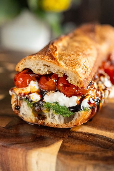 Burrata Caprese Sandwich with Cherry Tomato Confit — Bread Bake Beyond Buratta Recipe Dinners, Cherry Tomato Confit, Burrata Caprese, Tomato Confit, Caprese Sandwich, Homemade Pesto, Toasted Pine Nuts, حلويات صحية, Cherry Tomato