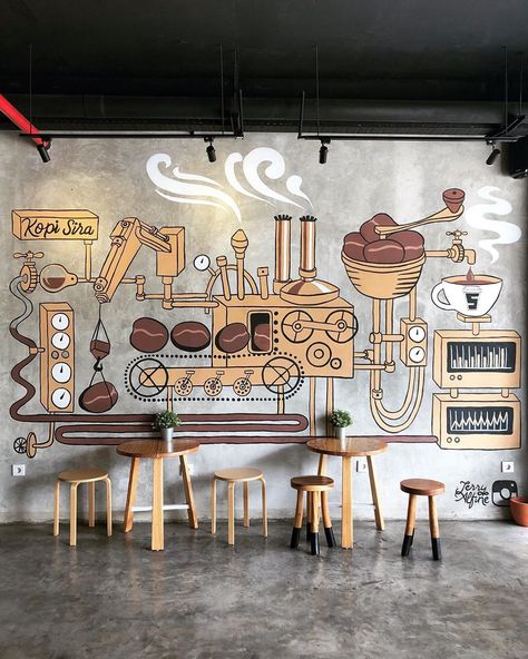 Mural Cafe, Coffee Artwork, Cafe Wall Art, Cafe Shop Design, Cafe Wall, Wall Drawing, Wall Paint Designs, Coffee Shop Design, Coffee Shop Decor