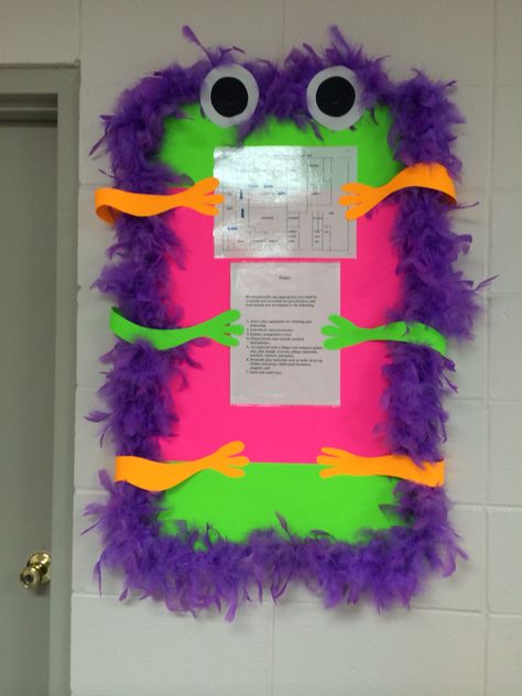 Monster theme bulletin board University Bulletin Board, Infant Teacher, Counseling Room, Monster Theme Classroom, Monster Classroom, Family Math Night, Monster Room, Disney Themed Classroom, Monster Ideas