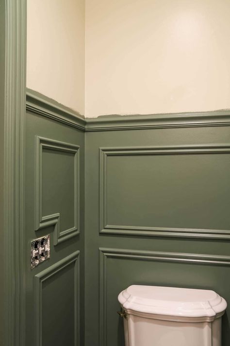 Frame Moulding On Walls, Picture Frame Moulding On Walls, Moulding On Walls, Chair Rail Paint Ideas, Small Powder Bathroom, Small Powder Bathroom Ideas, Powder Bathroom Ideas, Pictures For Bathroom Walls, Picture Frame Moulding