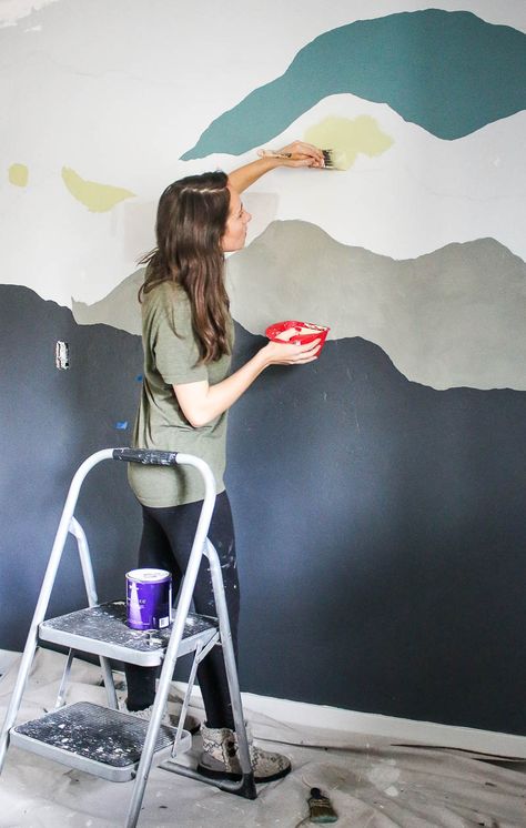 Wondering how to paint a mountain mural on the wall? Come read this step by step tutorial and watch the videos! You'll love the finished project in the 3 year old boy's bedroom with a camping and nature theme! #tutorial #painting #mountains #behrpaint Mural Tutorial, Diy Mountain Mural, Paint A Mountain, Wall Murals Painted Diy, Toddler Night Light, Mountain Wall Mural, Accent Wall Stencil, Mountain Mural, Be An Artist