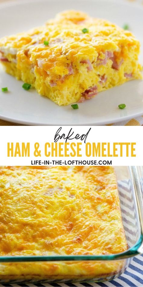 This Baked Ham and Cheese Omelette is the perfect solution when feeding a crowd. Omelette Bake Recipe, Omelets For A Crowd, Egg Omelette Casserole, Omelette For A Crowd, Easy Ham And Cheese Egg Bake, Baked Omlet Recipes Easy, Ham And Cheese Omelette Bake, Egg Casseroles For Breakfast, Cheap And Easy Breakfast Ideas