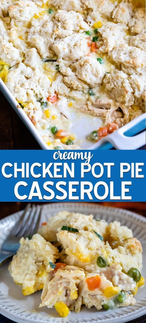 Creamy Chicken Pot Pie Casserole is an easy dinner recipe that's pure comfort food! Chicken pot pie casserole with biscuits is an easy meal with rotisserie chicken! #dinner #meal #withbiscuits #easy #homemade Meal With Rotisserie Chicken, Casserole With Biscuits, Easy Chicken Pot Pie Recipe, Creamy Chicken Pot Pie, Pot Pie Casserole, Chicken Pot Pie Filling, Chicken Pot Pie Casserole, Comfort Food Chicken, Easy Chicken Pot Pie