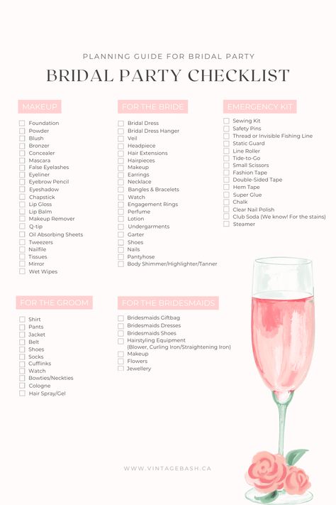 The Ultimate Bridal Party Checklist • VintageBash Bridal Party Packing List, Makeup Checklist For Bride, Bridal Party Titles, Bachelorette Party Checklist Planners, Bridal Party Duties, Bridal Suite Checklist, Bridal Party Checklist, Bridal Party List, Bachelorette Checklist