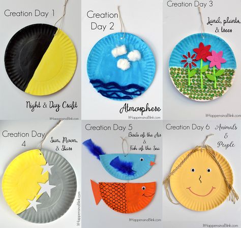 7 Days of Creation Craft. A simple way to teach the 7 Days of Creation to your Sunday School Class. Sky And Water Creation Craft, Bible Themes, Plate Crafts For Kids, 7 Days Of Creation, Creation Bible, Toddler Bible, Sunday School Projects, Nursery Crafts, Crafts For Children