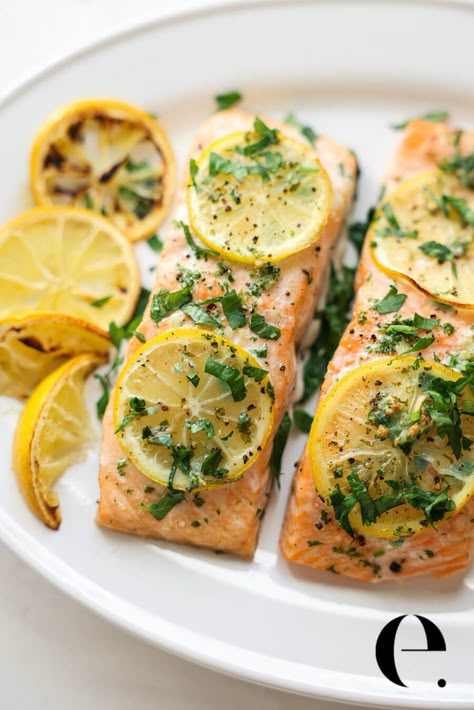 Easy Baked Lemon Garlic Salmon Recipe | Elizabeth Rider Dressing For Salmon, Zone Meals, Okinawa Diet, Blue Zone Diet, Blue Zone Recipes, Blue Zones Diet, Blue Zones Recipes, Lemon Garlic Salmon, Herb Dressing