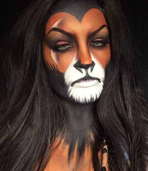 Lion King Scar face paint Scar Halloween Costume, Lion Makeup, Unique Halloween Makeup, Scar Makeup, Lion King Costume, Fantasy Make-up, Halloween Make-up Looks, Character Pumpkins, Animal Makeup