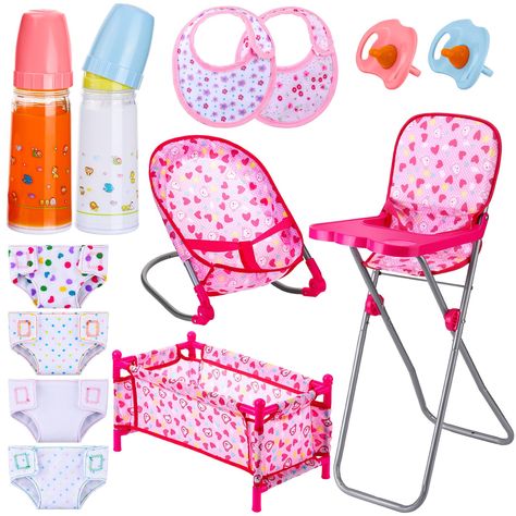 PRICES MAY VARY. Baby Doll Accessories Set: the doll pack and play includes 1 dolls high chair, 1 doll bouncer and 1 doll crib, 2 milk bottles, 2 doll bibs, 4 doll diapers, 2 doll pacifiers, creating a real rearing scene, stimulating creativity through role playing, providing a rich gaming experience for your little ones; The high chair and crib should be assembled by yourselves upon receipt, please wear gloves for safety when assembling Suitable Size for Play: nursery play set fits up to 18" ba Baby Doll Play, Baby Swings And Bouncers, Baby Doll Furniture, Doll High Chair, Baby Doll Strollers, Pacifier Bibs, Baby Doll Bed, Baby Ruth