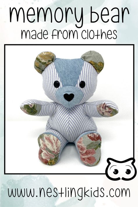 Memory bears made from clothes Bears Made Out Of Shirts Memories, Teddy Bear Made From Shirt Memories, Memorial Crafts, Remembrance Bear, Memory Clothes, Memory Gifts, Clothing Keepsake, Memory Bears Pattern, Memory Projects