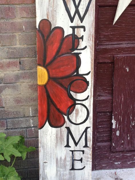 Welcome Sign Ideas Entryway, Wood Board Painting Ideas, Cute Welcome Signs, Diy Welcome Sign Wood, Board Painting Ideas, Porch Boards, Plank Art, Welcome Signs Front Door, Board Signs