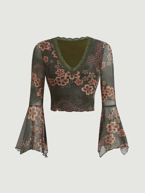 Multicolor Casual Collar Long Sleeve Knitted Fabric Floral  Embellished Slight Stretch  Women Tops, Blouses & Tee Sing Costumes, Forestcore Clothing, Green Whimsigoth, Funky Tops, Estilo Hippie, Flared Sleeves Top, Hippie Tops, Elegant Dresses Classy, Paisley Floral