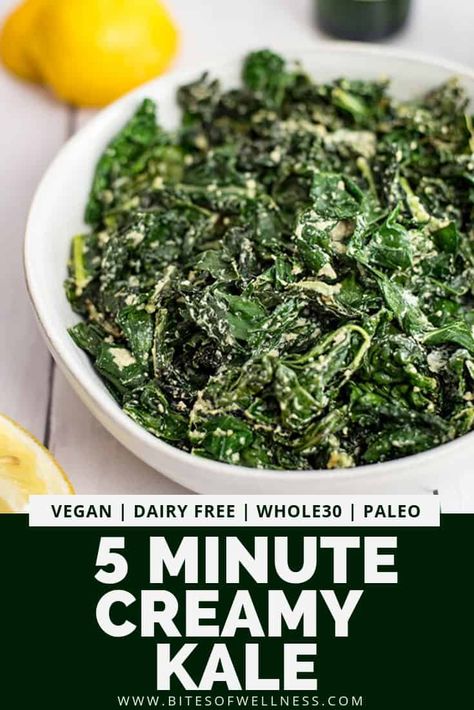 5 minute creamy kale is a simple side dish perfect for any dinner! Vegan, keto friendly, Whole30, low carb, allergy friendly, and paleo. This dairy free creamy kale recipe is sure to become one of your favorite ways to get in more veggies! How To Make Kale Taste Good, Kale Recipes Vegan, Kale Side Dish, Kale Greens, Vegan Casseroles, Creamy Kale, Creamed Kale, Kale Recipe, Salad Kale