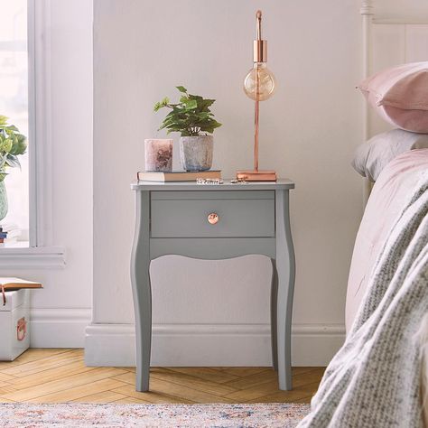 Grey Bedside Table  This elegant bedside table deftly incorporates vintage European-style flourishes into its modern, minimalistic design to deliver a practical and stylish solution to your bedside storage needs. Generous storage spaceA spacious draw (12.5 X 31 X 25cm Height X Length X Depth) housed within smooth-gliding metal runners offers you secure, easy access to your bedside essentials. Modern colourway If you’re looking for a fresh, modern look charged with a touch of glamour, look no fur Couples Room, Rose Gold Handle, Bedside Table Grey, Bedside Table Set, Vintage Bedside Table, Drawer Bedroom, Nordic Furniture, Drawer Bedside Table, Wooden Bedside Table