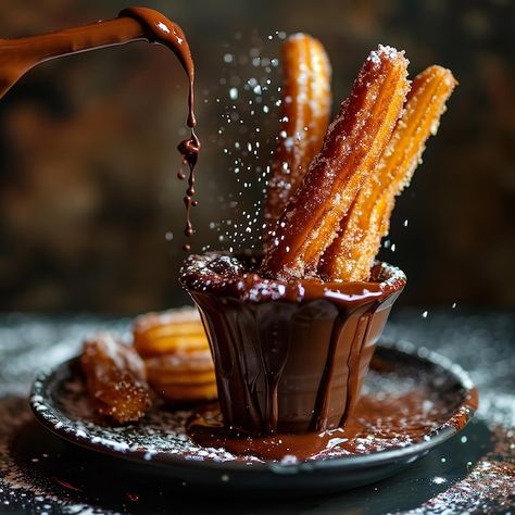 Foto churros caídos con un lado de choco... | Premium Photo #Freepik #photo #desayuno #comida #adentro #vertical Chocolate Caliente, Churros, Premium Photo, Tumblr, Canela