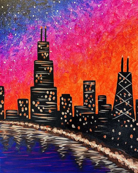 Be the first to paint this beautiful cityscape with us! A stunning, cosmic sky over a city skyline. Reach for the stars! #cosmic #celestial #cityscape #painting #paintandsip Night Skyline Painting, Glow Painting, City Skyline Night, Dyker Heights, Awesome Paintings, Wine And Painting Party, Moon City, Crafts 2023, Pinots Palette