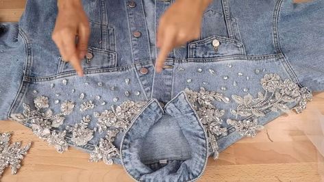 How to Create a Crystal Embellished Denim Jacket | Upstyle Embellished Jeans Jacket, Denim Jacket Bedazzled, How To Add Pearls To Jean Jacket, How To Decorate A Denim Jacket, Sparkly Jean Jacket, Denim Bling Outfit, How To Embellish Jeans, Bling Denim Jacket Diy, Denim And Pearls Outfits Party