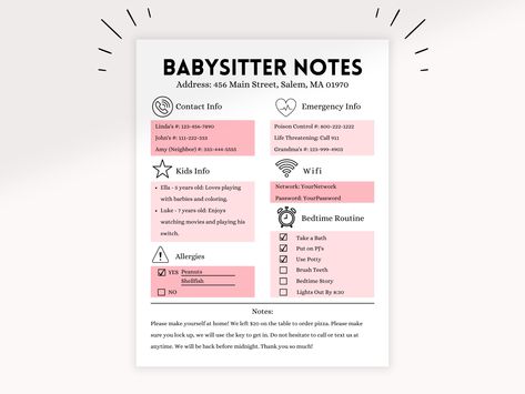 "When you need someone to watch your kids, you want to be sure that the babysitter is prepared for any situation. Our Pink Babysitter Checklist printable is the perfect guide to give to your nanny. It contains all the essential items they need to know to keep your children safe and happy. Plus, this editable template is easy to customize with any additional items you might need. Trust our checklist to help you find the right babysitter for your family. Pink Editable Babysitter Information Sheet Notes For Babysitter, Babysitter Rules, Babysitter Checklist Printable, Nanny Checklist, Emergency Information Sheet, Babysitter Guide, Babysitter Information Sheet, Babysitter Printable, Babysitter Checklist