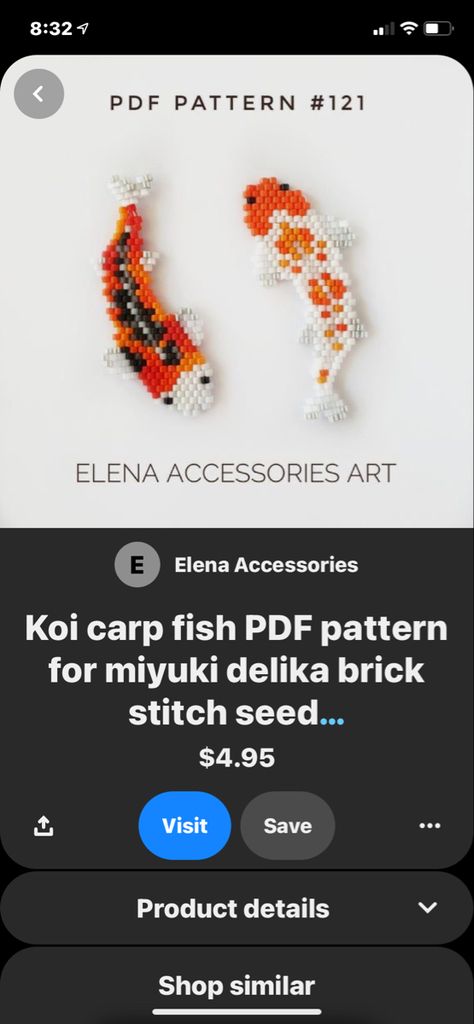 Koi Perler Bead Pattern, Beaded Koi Fish, Beaded Projects, Miyuki Beads Pattern, Melty Bead Patterns, Seed Bead Crafts, Bookmark Ideas, Fish Beads, Aqua Beads