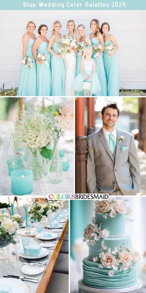 Tiffany blue wedding color palettes inspirations for 2024: tiffany blue bridesmaid dresses, white bridal gown, white and blush wedding bouquets, light grey suits with tiffany blue ties and boutonnieres for groom and groomsmen, tiffany blue candles and some white wildflowers as centerpieces, tiffany blue colored wedding cakes with white floral decorations. #weddingcolors #weddingideas #blueweddings #2024weddings #colsbm #2024 #bridesmaiddresses #tiffanybluewedding #tiffanyblue Tiffany Blue And Grey Wedding, Tiffany Blue And Gold Wedding, Tiffany Blue Beach Wedding, Light Teal Wedding, Wedding Tiffany Blue, Tiffany Blue Bridesmaids, Tiffany Blue Wedding Cake, Tiffany Blue Bridesmaid Dresses, Light Blue Wedding Colors