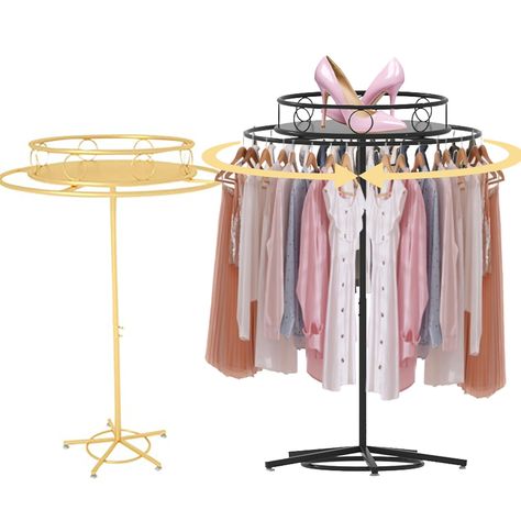 PRICES MAY VARY. Adjustable Height: Customize the height of your round garment rack with easy-to-use buttons, providing a range of 23.6 inches (60cm) to meet different storage needs for clothing items like long skirts, coats, shirts, and trousers 40.5-60.2 inches (103cm-153cm). 360-Degree Rotating Rack: The pipeline round rack rotates 360 degrees, making it easy to hang and access your clothes. Quickly change outfits and save time while keeping your clothes organized. Double Storage: With two op Pop Up Clothing Shop, Small Boutique Interior Design, Small Boutique Interior, Clothes Shelf, Adjustable Clothing, Clothing Organization, Clothes Shelves, Clothing Store Interior, Metal Clothes Rack