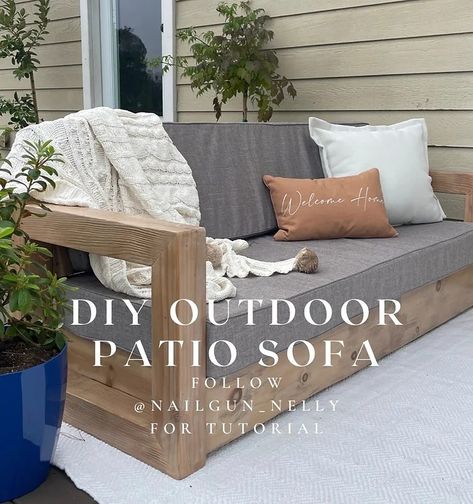 DIY Outdoor Patio Sofa - Nailgun Nelly DIY Home Patio Sofa Diy, Farmhouse Outdoor Furniture, Outdoor Couch Diy, Outdoor Sofa Diy, Diy Outdoor Patio, Outdoor Patio Sofa, Patio Couch, Outdoor Patio Set, Diy Porch