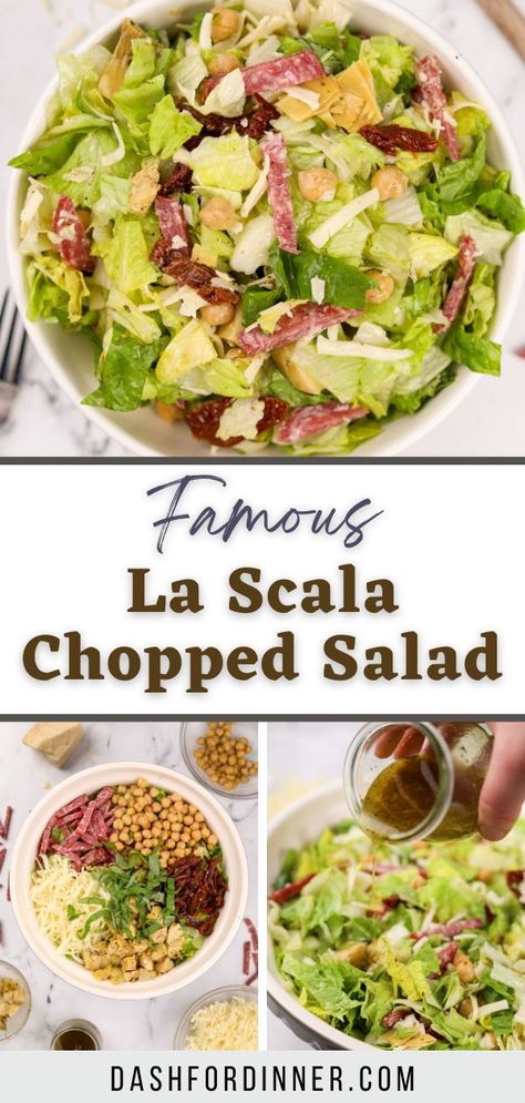 This famous La Scala Chopped Salad recipe is a favorite of the Kardashian clan, Leonardo DiCaprio, Elizabeth Taylor, Julia Roberts, and more! A popular Italian chopped salad recipe that features salami, mozzarella cheese, chickpeas, and the add-ins of your choice. This healthy salad recipe is perfect for dinner, or for bringing to a potluck. Kardashian Chopped Salad, Italian Chopped Salad Recipes, La Scala Chopped Salad Recipe, Romaine Salad Recipes, La Scala Salad, Kardashian Salad, Scala Salad, Kardashian Salads, Scala Chopped Salad