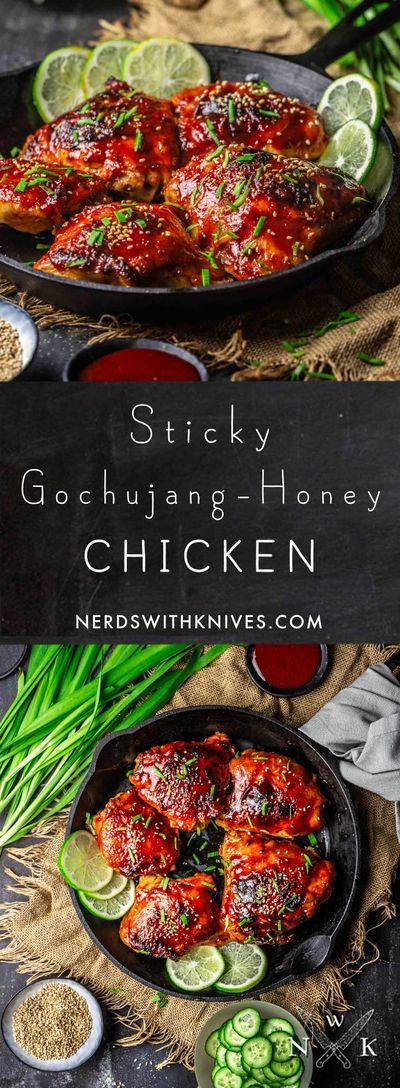 What happens when you marinate chicken in gochujang (spicy Korean chili paste), honey, ginger and garlic? Deliciousness, that’s what. Sticky Gochujang-Honey Chicken is our newest weeknight favorite: a little sweet, a lot spicy and just plain tasty. #chicken #spicy #sticky #glazed #castiron #asian #gochujang Dessert Balls, Gochujang Recipe, Meaty Meals, Gochujang Chicken, Korean Chili, Korean Chili Paste, Marinate Chicken, Chicory Recipe, Yummy Bites