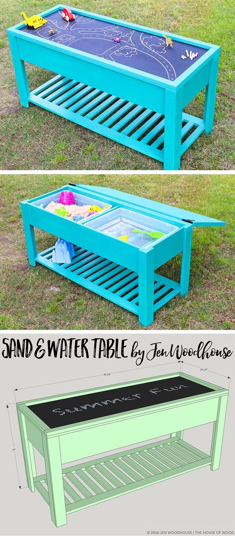 Learn how to build a fun DIY sand and water table for your kids! Free plans by Jen Woodhouse Diy Sand And Water Table, Toddler Water Table, Diy Outdoor Toys, Jen Woodhouse, Play Area Backyard, Backyard Kids Play Area, Backyard Activities, Sand And Water Table, Outdoor Play Area